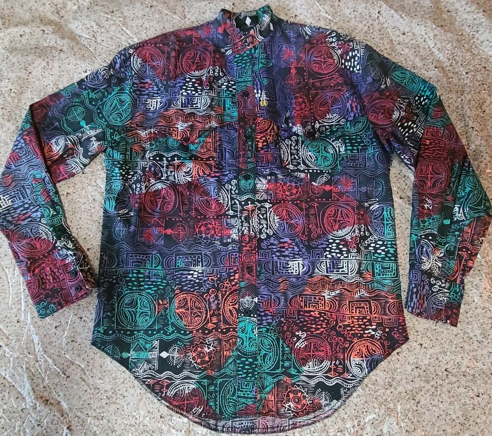 Vintage 80s The Look Western Shirt USA Mens Med Abstract Print Button Up